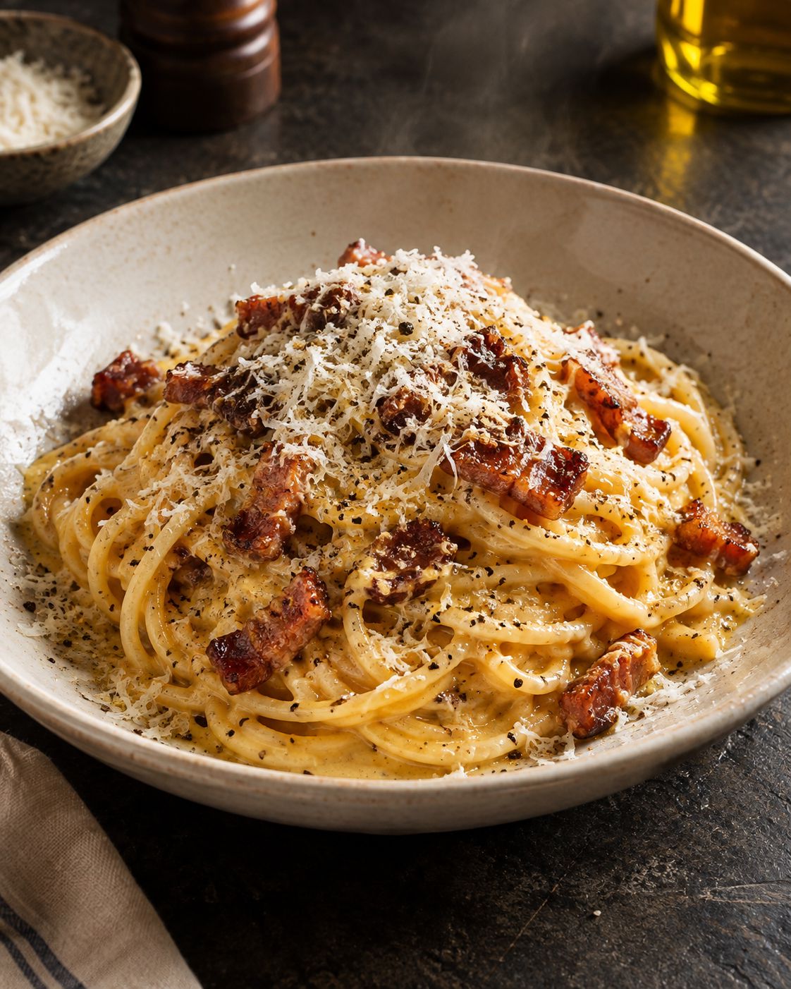 A bowl of carbonara topped with crispy guanciale and black pepper
