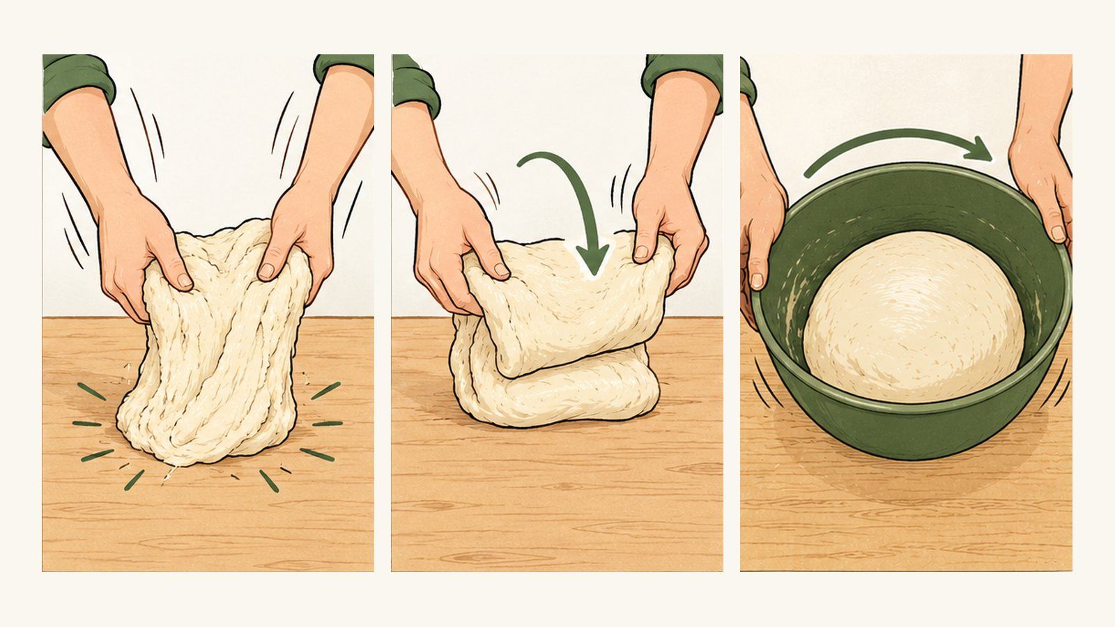 Three cartoon panels: hands slapping dough onto a worktop, folding it over, and turning a green bowl holding a smooth, risen ball of dough