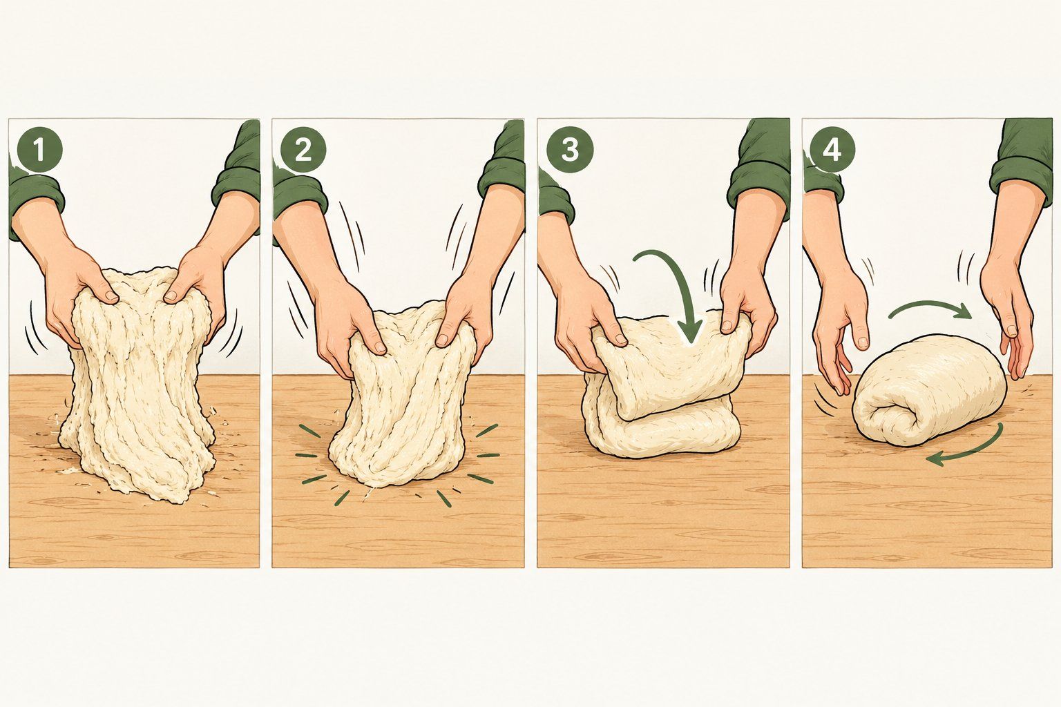 Four-panel cartoon of the slap and fold: hands lift a shaggy dough, slap its bottom onto a wooden worktop, fold the top over, then turn the rolled dough a quarter turn