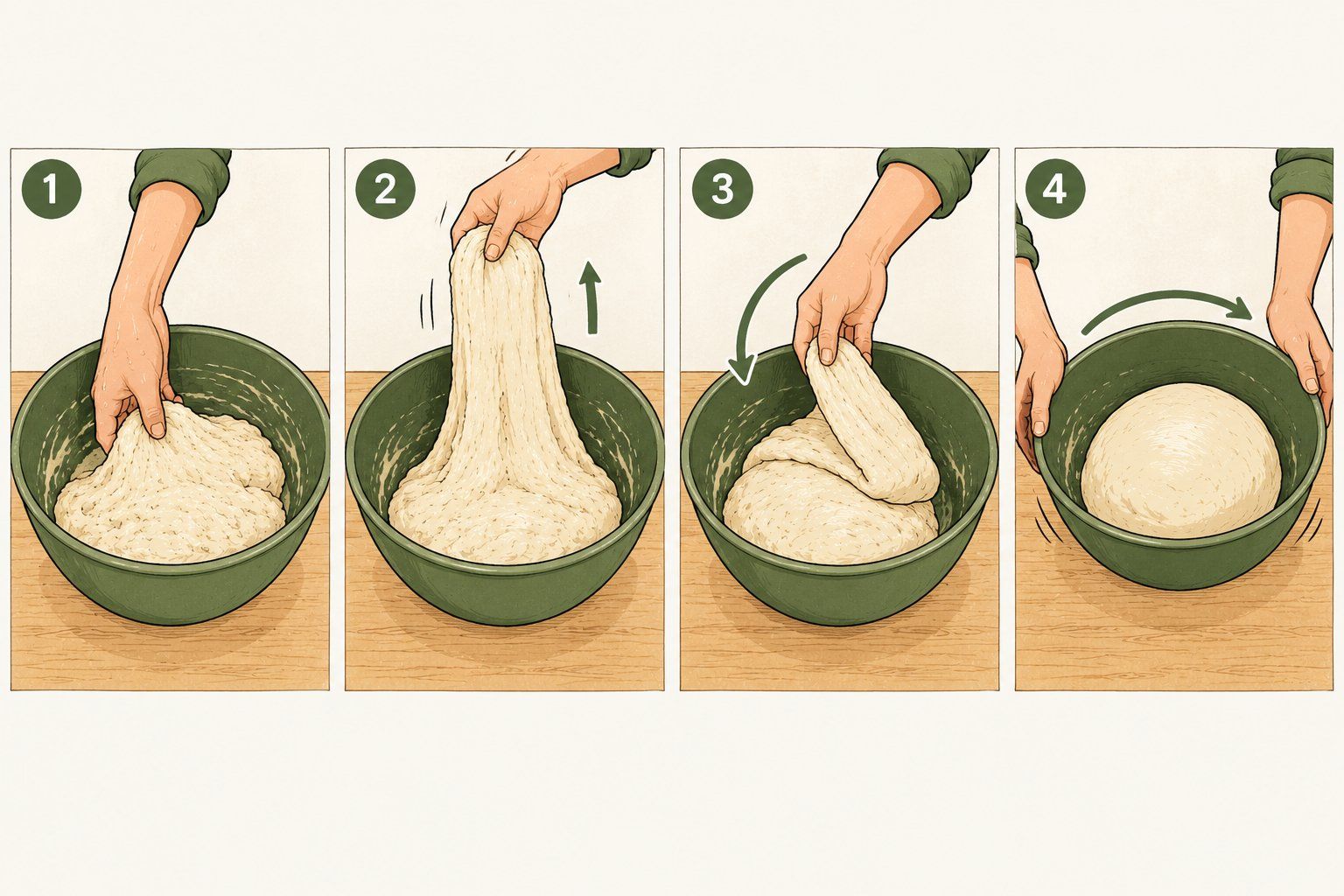 Four-panel cartoon of stretch and fold in a green bowl: a wet hand grabs the dough, stretches one side up, folds it over, and the bowl is turned, leaving a smooth, taut ball