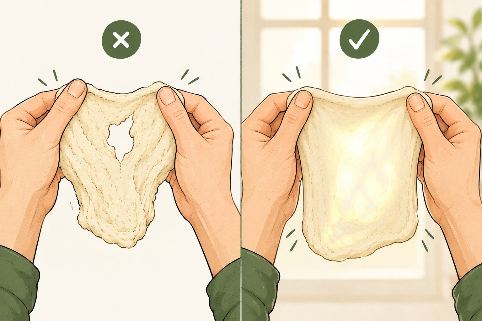 Two hands stretching dough side by side: on the left it tears into a ragged hole, on the right it stretches into a thin membrane with window light shining through